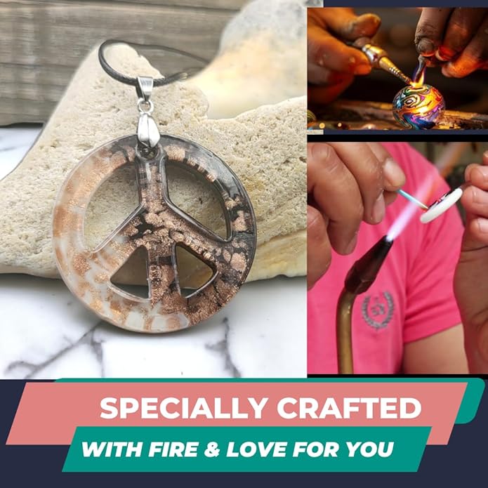 BESHEEK Murano Inspired Peace Sign Blown Glass Lampwork Art Pendant Necklace for Women Handcrafted Artisan Hypoallergenic Italian Style Jewelry