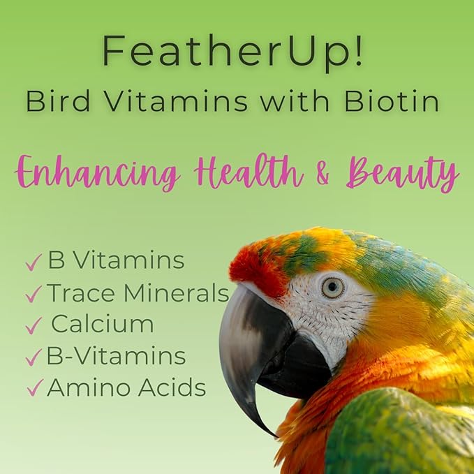 FeatherUp! Bird Vitamins with Biotin for Beautiful Plumage - Feather Growth Supplements for Parrots - 90 gm - 240 Servings-PurrikoPets