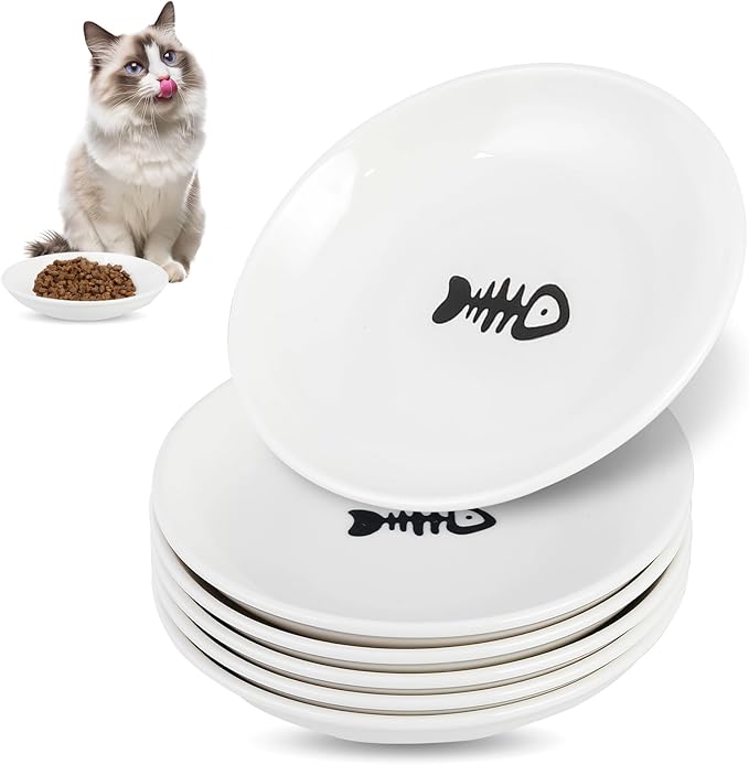 6 Pack Cat Food Bowl, Ceramic Cat Bowls, Anti Whisker Fatigue Cats Bowl Set,5.5 Inches Shallow Wide Kitten Plates for Food and Water (Fishbone Style)-PurrikoPets