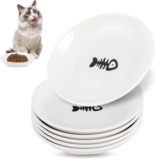 6 Pack Cat Food Bowl, Ceramic Cat Bowls, Anti Whisker Fatigue Cats Bowl Set,5.5 Inches Shallow Wide Kitten Plates for Food and Water (Fishbone Style)-PurrikoPets