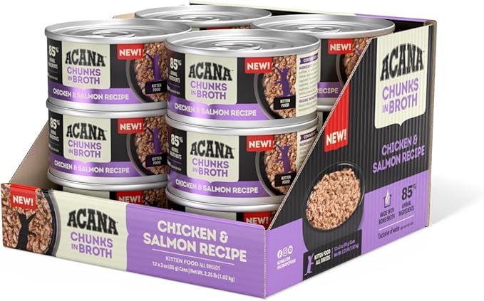 ACANA Chunks in Broth Wet Cat Food Chicken & Salmon Recipe for Kittens 3oz Cans (12 Count)-PurrikoPets