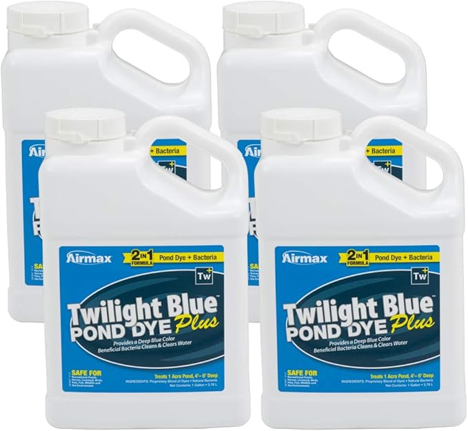 Airmax Pond Dye Plus, Twilight Blue Colorant & Natural Beneficial Bacteria, Large Pond & Lake Water Clarifier & Color Treatment, Shade Plants & Algae from Sunlight, Fish & Livestock Safe, 4 Gallons-PurrikoPets