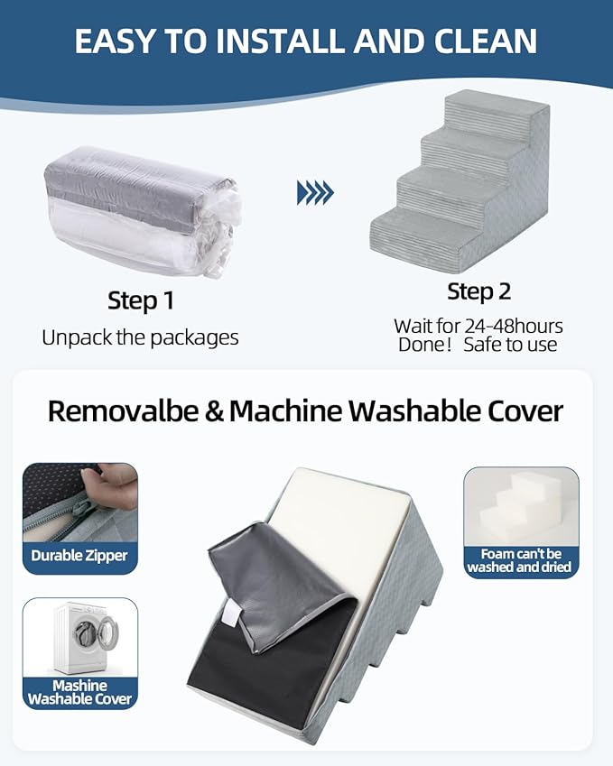 Dog Stairs for Small Dogs,17.5" H,4-Step Dog Steps for Bed and Couch with High Density Foam,Non-Slip Pet Steps for Doggy and Cat,Pet Stairs with a Washable Cover,Grey-PurrikoPets