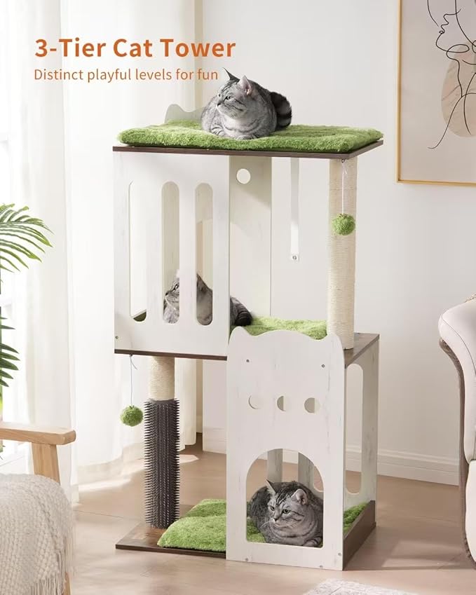 FourFurPets 43.7in 3-Tier Modern Cat Tree Tower Condo, Cat Scratch Posts for Indoor Cats, Big Plate, Two 19.7in Full Sisal Scratching Posts, White-PurrikoPets