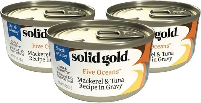 Five Oceans Solid Gold Wet Cat Food Shreds in Gravy - 3 Count Sample Pack - Real Tuna & Mackerel Cat Food for All Ages - Grain Free, Sensitive Stomach-PurrikoPets