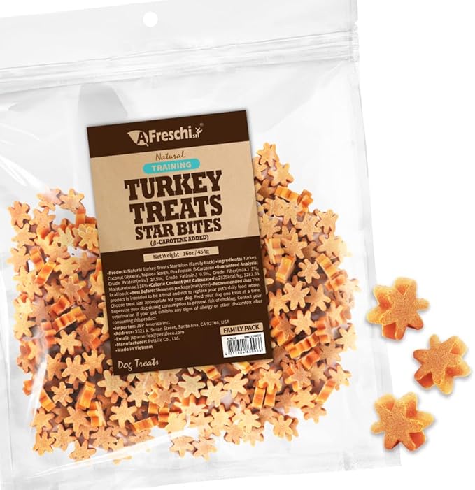 Afreschi Natural Turkey Treats Star Bites –16 oz, Hexagonal Shape, USA-Sourced Trukey, All-Natural, Hypoallergenic, Low-Fat, Healthy & Easily Digestible, Puppy & Training Snack & Small Dogs-PurrikoPets