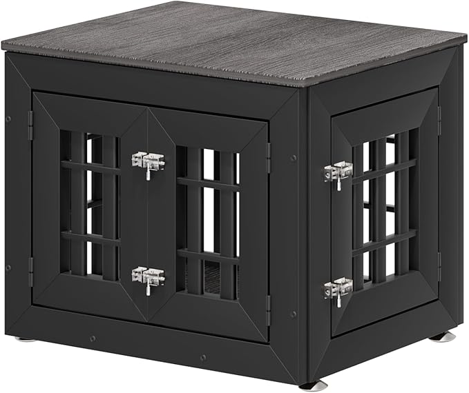26" Heavy Duty Dog Crate Furniture for Small,Medium and Large Dogs,Rustic Wooden Dog Cage Kennel Indoor Furniture with Waterproof Top,Decorative Pet House Side End Table (Black & Grey)-PurrikoPets
