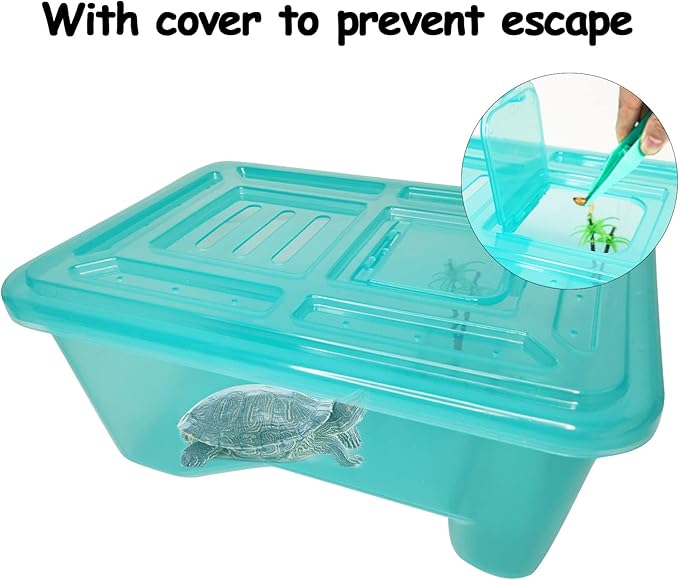 Fhiny Turtle Tank with Lid, Plastic Reptile Terrarium Turtle Breeding Box with Basking Platform Tortoise Aquarium for Crayfish Hermit Crabs Geckos Lizards Habitat Prevent Escaping (Medium)-PurrikoPets