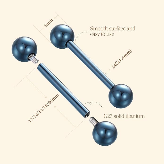 AROWRO Nipple Piercing Jewelry G23 Titanium Nipple Rings Tongue Rings Nipple Bar 14G Internally Threaded Straight Barbells Bridge Piercing Jewelry 12mm-20mm