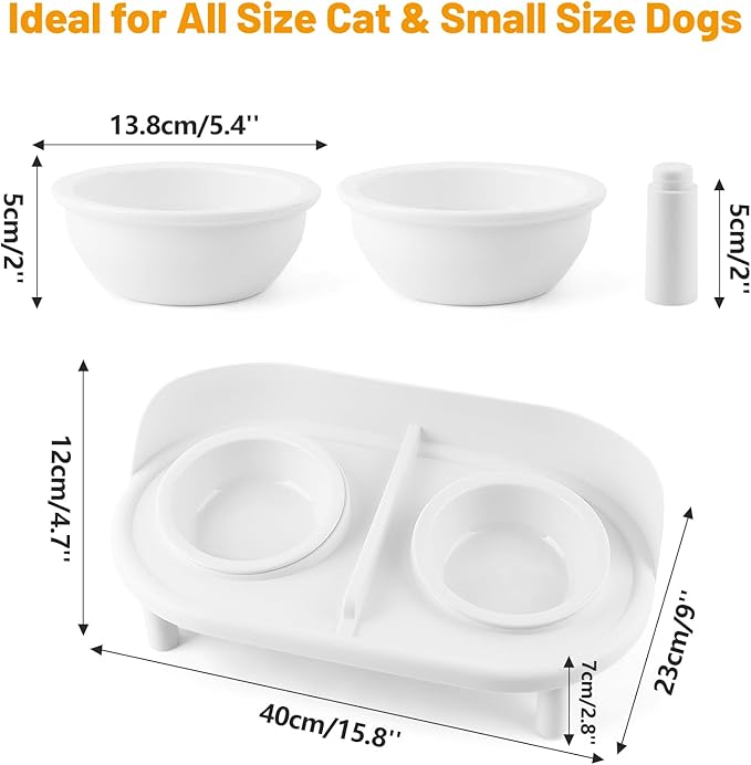 Elevated Cat Bowls, Tilted Rised Cat Food and Water Bowl with 2 Pcs Ceramic Pet Bowls, Rised Stand, Pet Dish Anti Vomiting Feeding Station for All Sized Cats & Small Dogs (White)-PurrikoPets