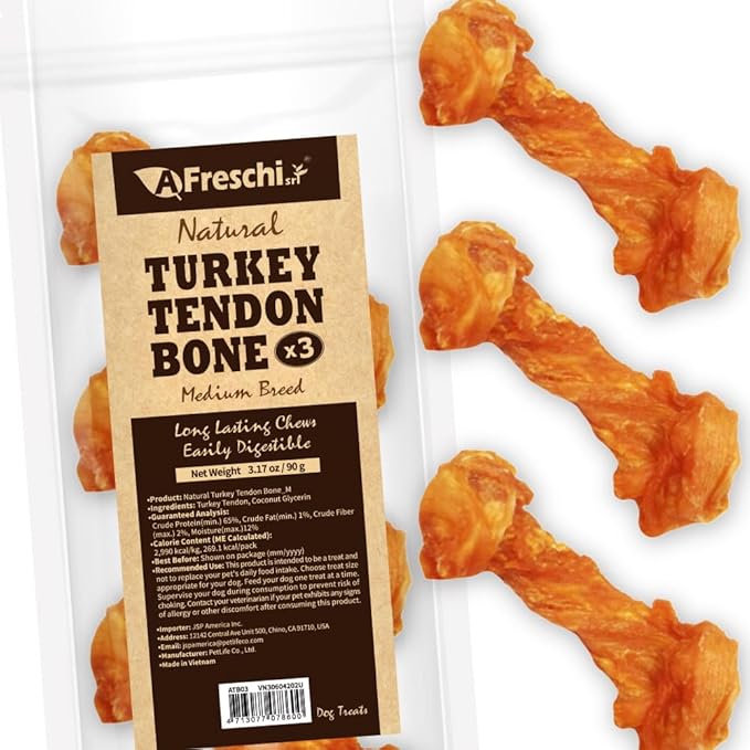 Afreschi Turkey Tendon Bone (M) 3.17 oz, USA-Sourced Turkey Tendon, All Natural Human Grade Dog Chew, Hypoallergenic, Rawhide Alternative, Dog Treats for Medium Breeds-PurrikoPets