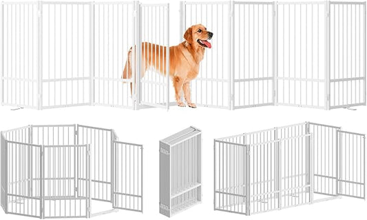 Full Metal Freestanding Dog Gate with Door, 32''Height Foldable Pet Dog Fence for Indoor & Outdoor, 8 Panels Extra Wide Free Standing TallDog Gates for Doorways,House,Stairs,Porch,Deck,Yard-PurrikoPets
