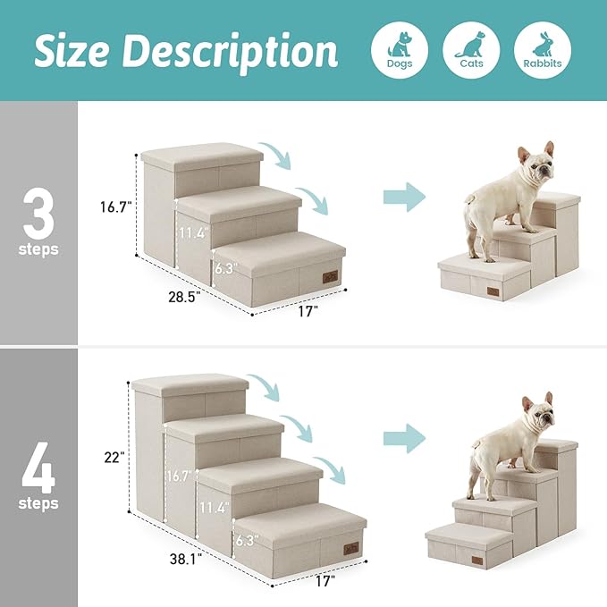 Dog Stairs with Storage, 4-Step Wider Sturdy Dog Steps for Small/Medium/Large Dogs and Older Cats, Folding Doggie Ramp for Bed/Couch/Car Hold Up to 180 lbs (22" H, Beige)-PurrikoPets