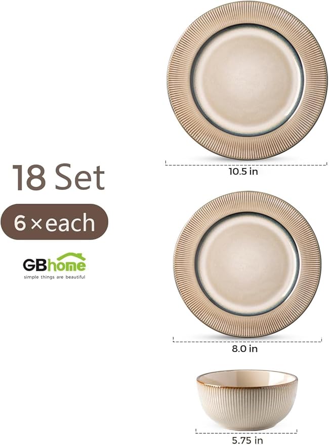 GBHOME Ceramic Dinnerware Sets, 18 Piece Embossed Elegant Stoneware Plates and Bowls Sets, Housewarming Wedding Gift | Dishwasher & Microwave Safe | Dishes Set Service for 8-PurrikoPets