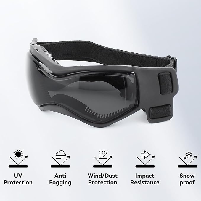 Dog Goggles Dog Sunglasses for Small Breed UV Protection Windproof with Adjustable Head Straps Chin Straps for Ride Car/Hiking Travel/On Beach-Black-PurrikoPets