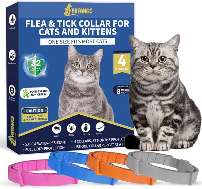 4 Pack Flea Collar for Cats, 32 Months Flea and Tick Prevention for Cats, Waterproof Cat Flea Collar, Natural Cat Flea and Tick Treatment, Adjustable Flea and Tick Collar for Cats Kittens(4 Colors)-PurrikoPets