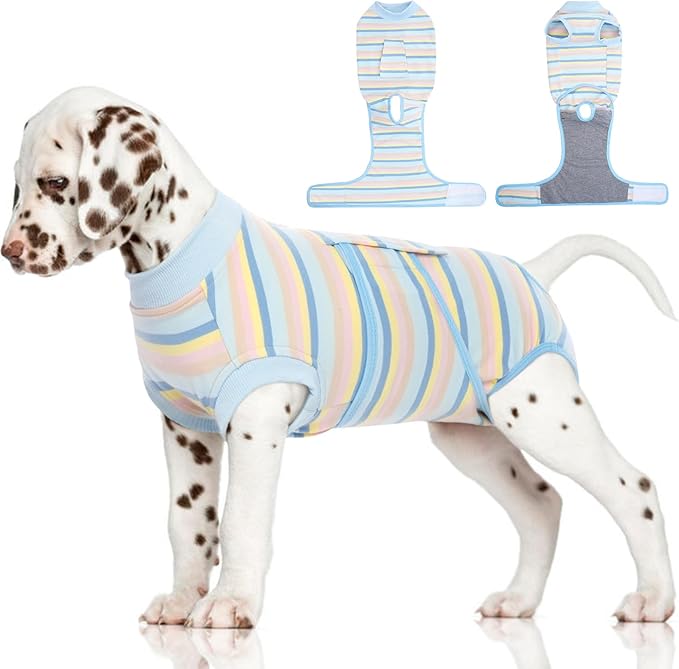 FUAMEY Recovery Suit for Dogs After Surgery,Soft Breathable Dog Bodysuit E-Collar & Cone Alternative Surgical Suit,Male Female Dog Neuter Spay Suits Anti Licking Wounds Onesie Blue Yellow Stripes S-PurrikoPets