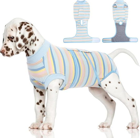 FUAMEY Recovery Suit for Dogs After Surgery,Soft Breathable Dog Bodysuit E-Collar & Cone Alternative Surgical Suit,Male Female Dog Neuter Spay Suits Anti Licking Wounds Onesie Blue Yellow Stripes S-PurrikoPets