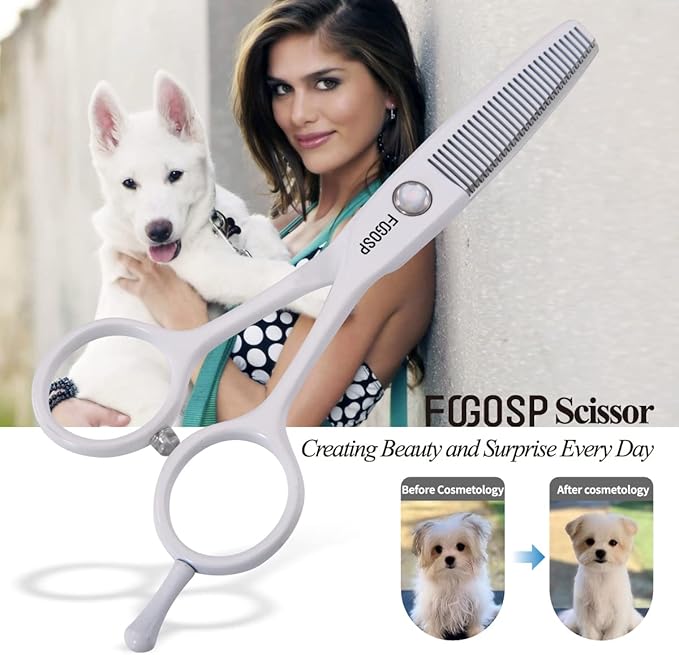 5 in Thinning Shears for Dogs Grooming Face for Small Dogs Eyes Face Paw Professional Small Cat Grooming Scissors(5" Blender,White)-PurrikoPets