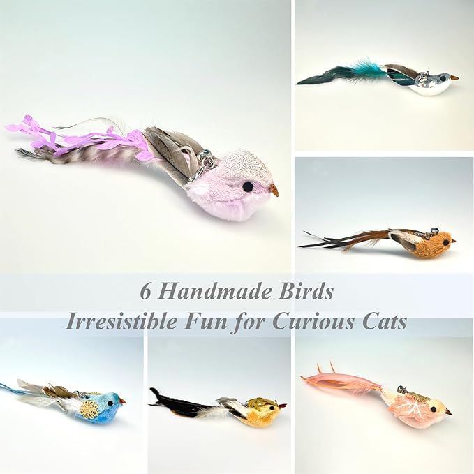 12PCS Interactive Cat Feather Wand Toy Set – 11 Bird & Feather Teaser Refills with Bells + Flexible Suction Cup Wand – Realistic Bird Design, Natural Materials, Indoor Cat Toys for Exercise & Play-PurrikoPets