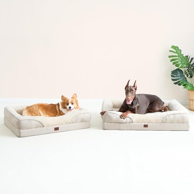 EHEYCIGA Memory Foam XL Dog Bed for XLarge Sized, Extra Large Orthopedic Dog Sofa with Sides and Waterproof Liner, Washable Bolster Pet Couch with Removable Cover, 48x35x7.5 Inch, Beige-PurrikoPets