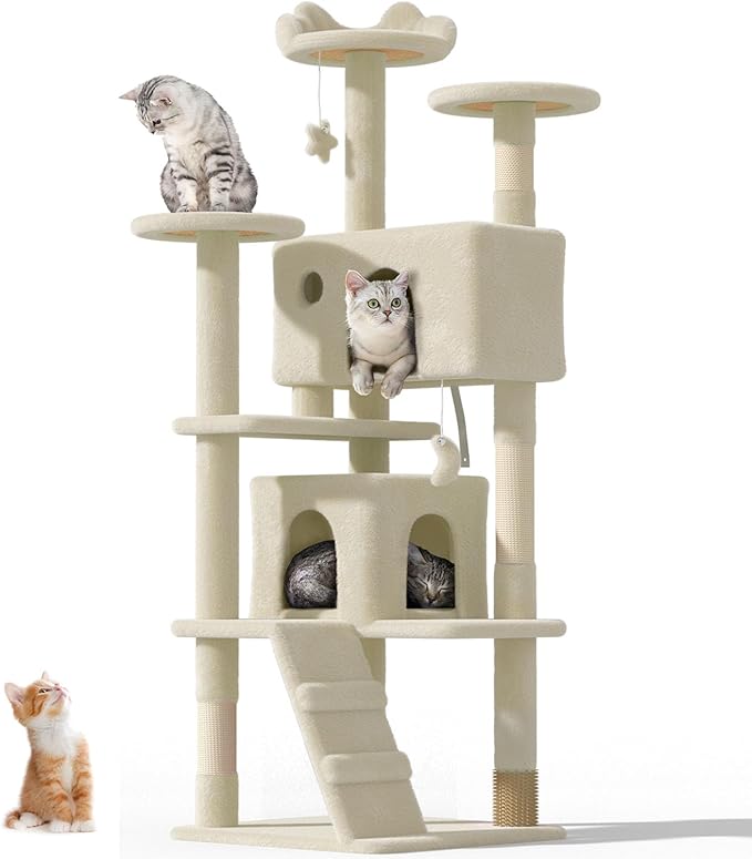 60'' Cat Tree Tower for Indoor Cats Large Adult,Cute/Tall Modern Cat Tree for Big Cats 20 lbs, Plush Multi-Level Cat Condo with Scratching Posts, Dangling Ball Indoor (Beige, 60 inch)-PurrikoPets
