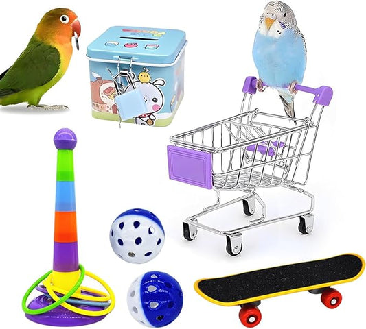 6pcs Interactive Puzzle Toy Set for Small Parrots - Training, Stress Relief, Include Coin Box, Bell Ball, Skateboard & Ferrule Toy for Bird Budgies, Cockatiels, Parakeet etc-PurrikoPets