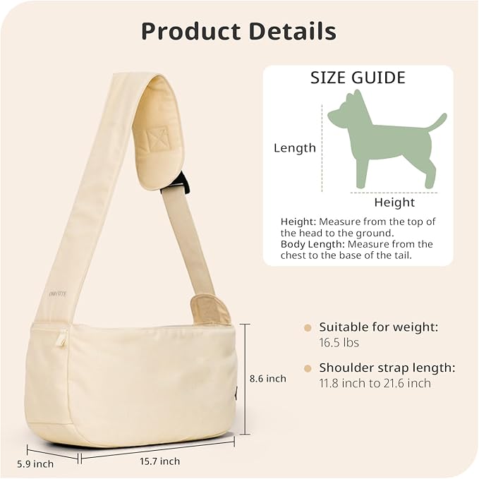 Dog Sling Carrier for Small Dogs and Cats, Lightweight Collapsible Pet Travel Bag with Adjustable Strap, Side Pockets & Breathable Mesh (Beige, 15.7" L x 5.9" W x 8.6" H)-PurrikoPets