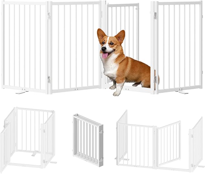 Full Metal Freestanding Dog Gate with Door, 24'' Height Foldable Pet Dog Fence for Indoor & Outdoor, 4 Panels Extra Wide Free Standing SmallDog Gates for Doorways,House,Stairs,Porch,Deck,Yard-PurrikoPets