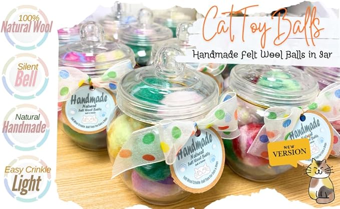 Felt Wool Cat Toys Ball with Catnip and Bell, Natural Handmade cat Toys Ferret Toys cat Gift Basket (Felt Wool Mixed in Jar)-PurrikoPets