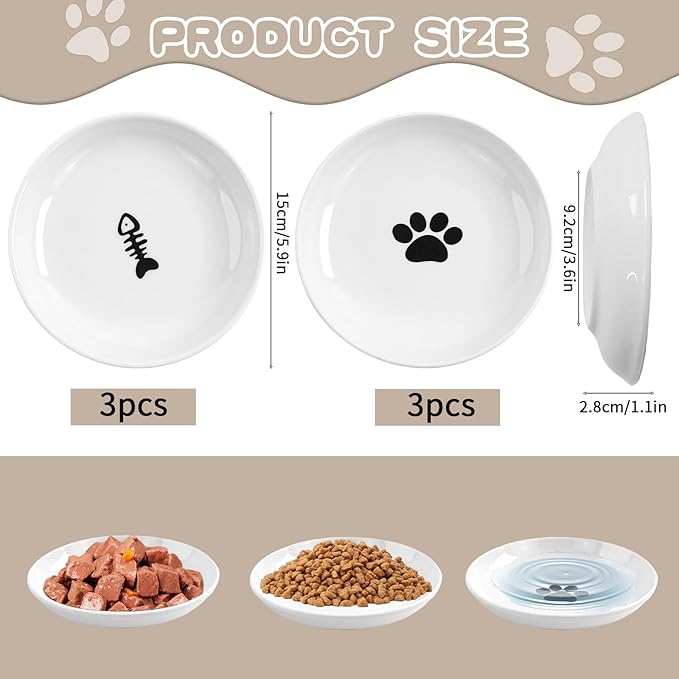 6 Pack Cat Food Bowl, Ceramic Cat Bowls, Anti Whisker Fatigue Cats Bowl Set,5.5 Inches Shallow Wide Kitten Plates for Food and Water (Cat's Paw+Fishbone)-PurrikoPets