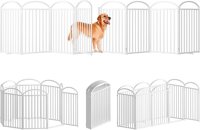 8 Panles Full Matel Freestanding Dog Gates with Door, 192"Extra Wide 36"Tall Free Standing Dog Pet Gate for Indoor & Outdoor. Foldable Pet Fences for Doorways, House, Stairs, Porch, Deck, Yard-PurrikoPets