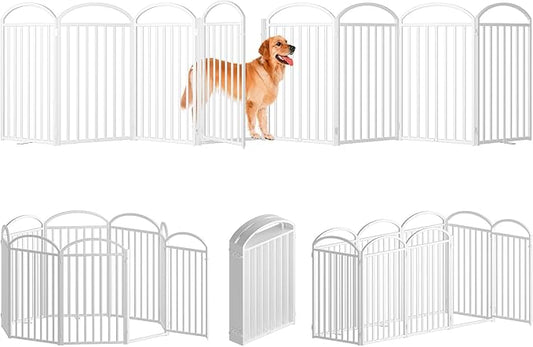 8 Panles Full Matel Freestanding Dog Gates with Door, 192"Extra Wide 36"Tall Free Standing Dog Pet Gate for Indoor & Outdoor. Foldable Pet Fences for Doorways, House, Stairs, Porch, Deck, Yard-PurrikoPets
