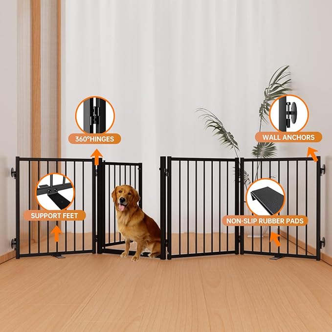 Full Metal Freestanding Dog Gate with Door, 24'' Height Foldable Pet Dog Fence for Indoor & Outdoor, 4 Panels Extra Wide Free Standing SmallDog Gates for Doorways,House,Stairs,Porch,Deck,Yard-PurrikoPets