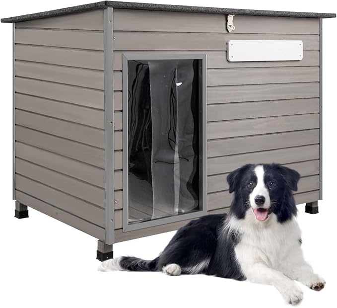 43.3" L Dog House Outdoor for Large Breeds Dogs Anti Chewing Iron Frames Dog Kennel Wooden Pet Houses for Indoor Outdoor with Weatherproof Roof,6 Elevated Feet, Reinforced Bottom Support-PurrikoPets