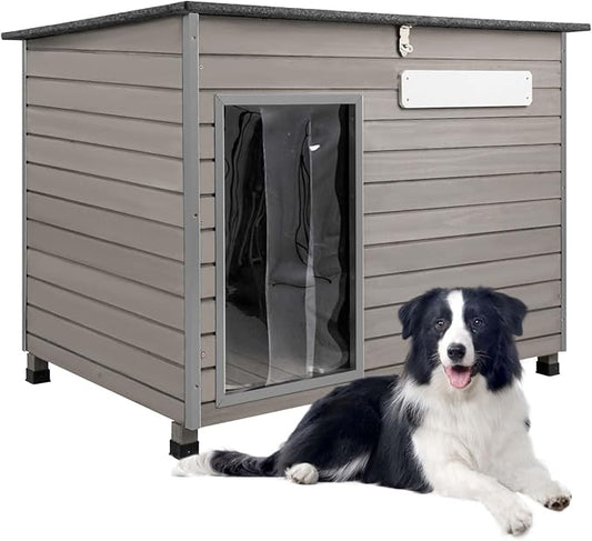 43.3" L Dog House Outdoor for Large Breeds Dogs Anti Chewing Iron Frames Dog Kennel Wooden Pet Houses for Indoor Outdoor with Weatherproof Roof,6 Elevated Feet, Reinforced Bottom Support-PurrikoPets