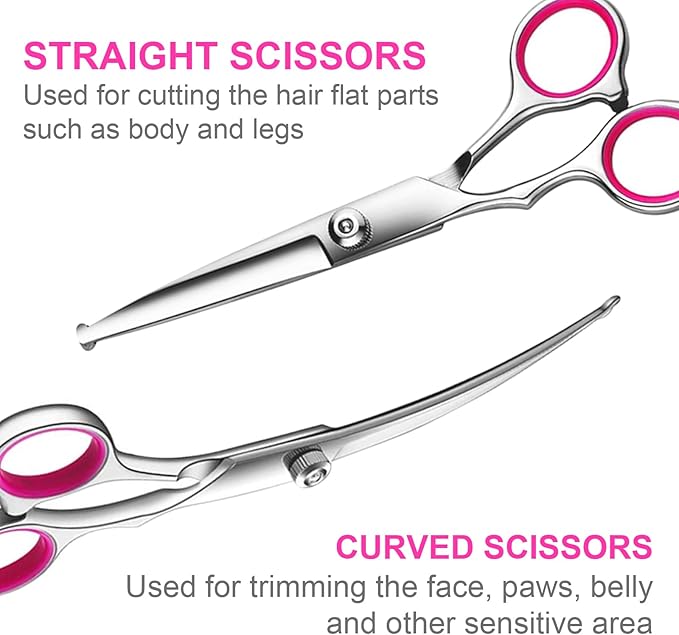 6 in1 Professional Dog Grooming Scissors Kit, Dog Shears for Grooming with Safety Round Tips, Titanium Coated Grooming Scissors for Dogs Cat Pet At Home-PurrikoPets