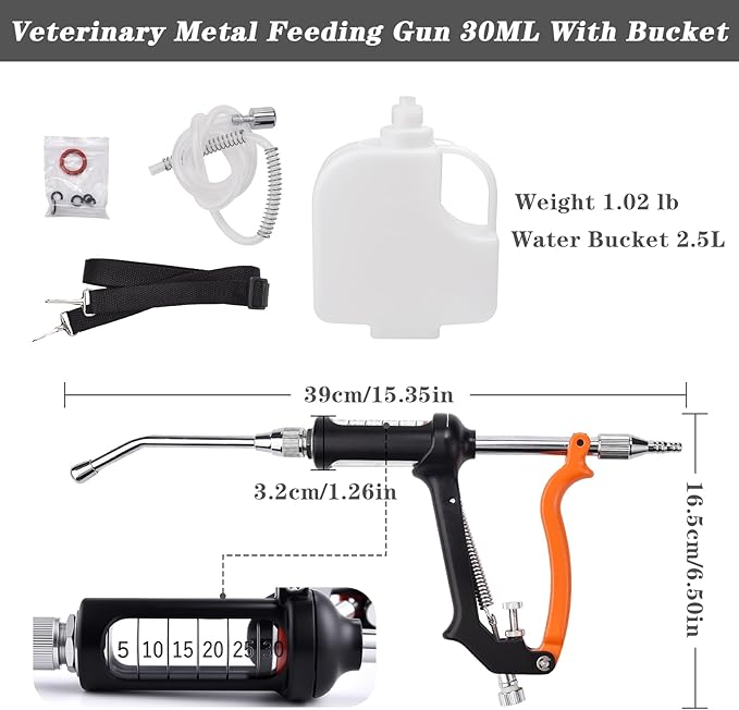 30ML Veterinary Metal Feeding Gun, Continuous Drench Gun Dosing Device Veterinary Adjustable Medicine Dispenser Husbandry Autonomous Feeding Tool, Pig Cattle, Sheep, Horse for Drench Gun-PurrikoPets