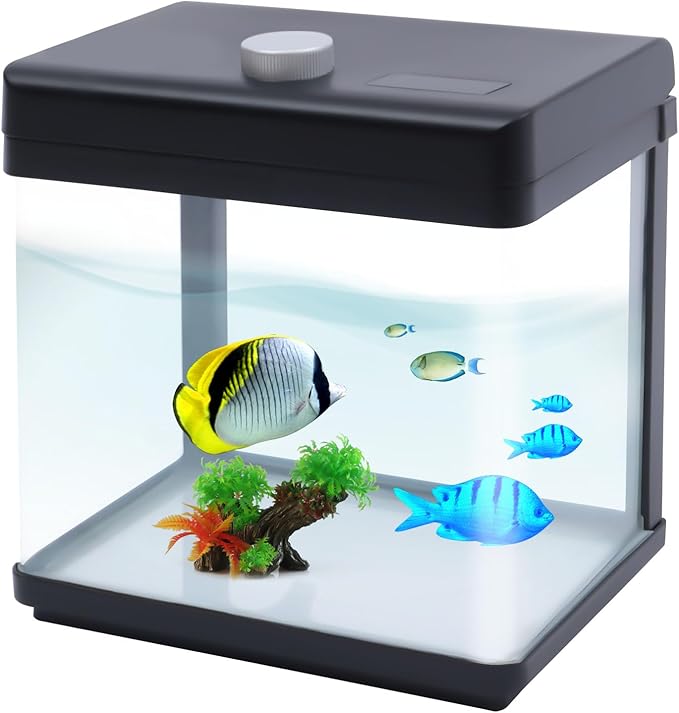 1.5 Gallon Fish Tank Starter Kits, Low Noise Betta Fish Tank with Fil-TER LED Light Submersible Pu-mp, Glass Small Fish Tank Smart Aquarium kit with Dimmer Button Water Temperature Display-PurrikoPets