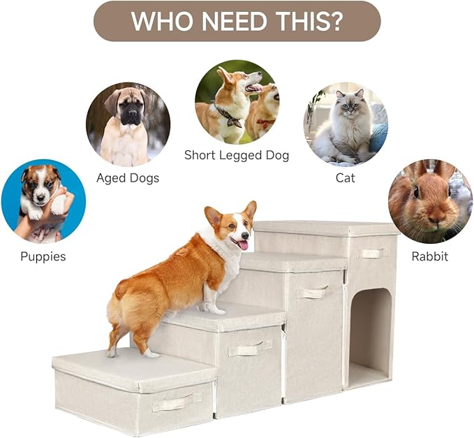 Dog Stairs with Storage, Folding Pet Steps with Zip for Small Dogs and Cats, 4-Step Pet Stairs with Pet House for High Bed, Couch and Car Ramp, Up to 200 Lbs (Beige, 4 Steps with Condo)-PurrikoPets