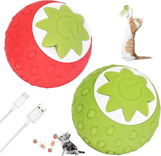 2Pcs Self-Moving Electric Cat Toy Ball with LED - Automatic Interactive Cat Toys for Indoor Cats, Smart Strawberry Design Stimulates Hunting Instincts, Boredom Relief & Exercise for Solo Play-PurrikoPets