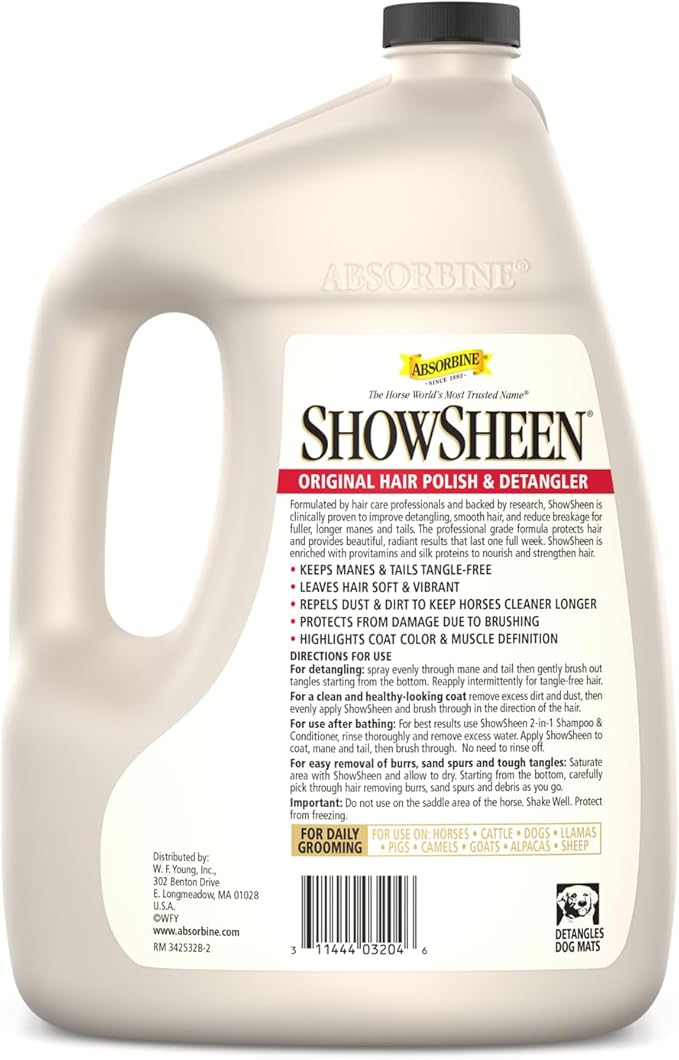 Absorbine ShowSheen Hair Polish & Detangler 128oz Refill Jug, Horse and Dog Coat, Mane and Tail, Instant Detangling & Reduces Hair Breakage for Healthy Grooming & Radiant Shine-PurrikoPets