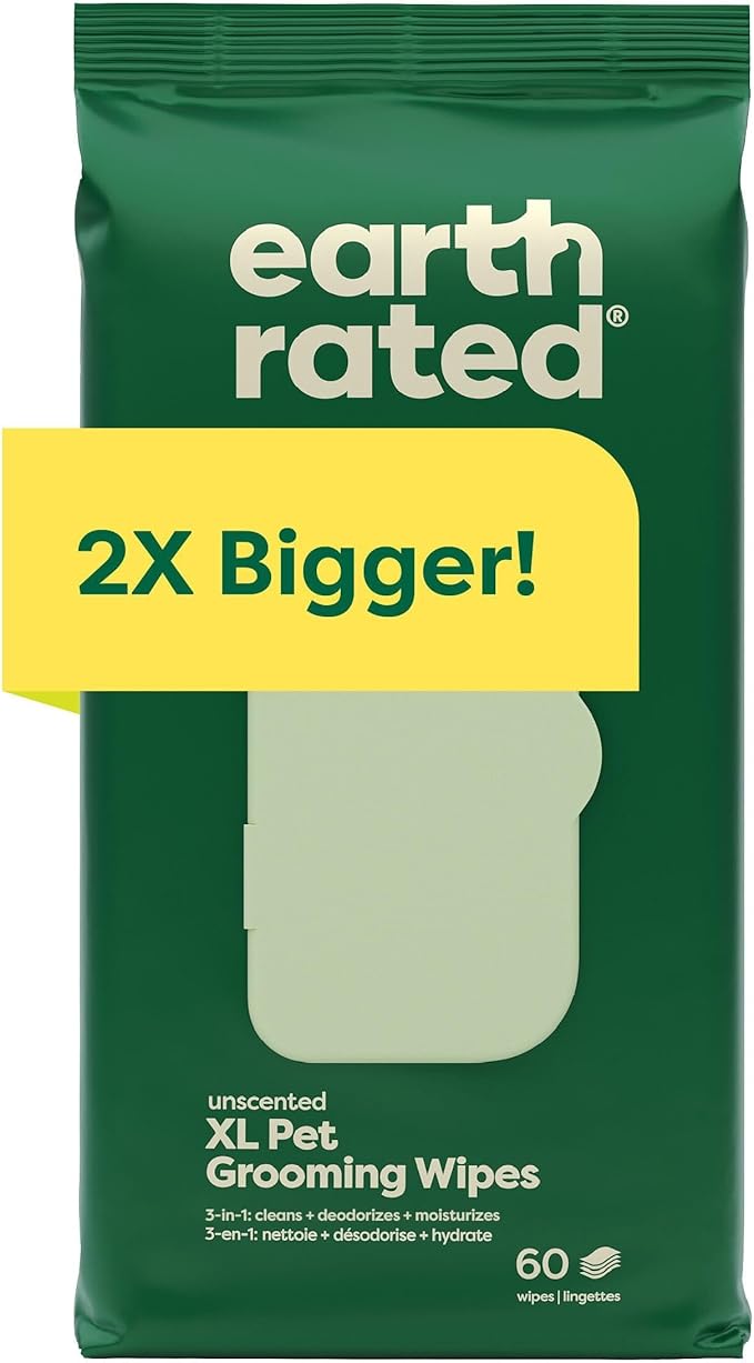 Earth Rated XL Pet Wipes for Dogs & Cats, 3-in-1 Hypoallergenic Cleaning, Deodorizing and Hydrating Extra Large Grooming for Body, Paws and Butt, Unscented, 60 Count-PurrikoPets