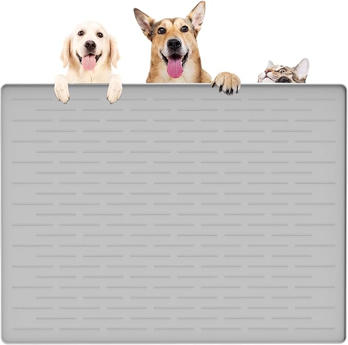39.4"x29.5" Largest Pet Food Mat, Silicone Dog Mats for Food and Water, Nonslip Pet Feeding Mats for Floors,Dog Cat Bowl Mat with Raised Edges, Gray White-PurrikoPets