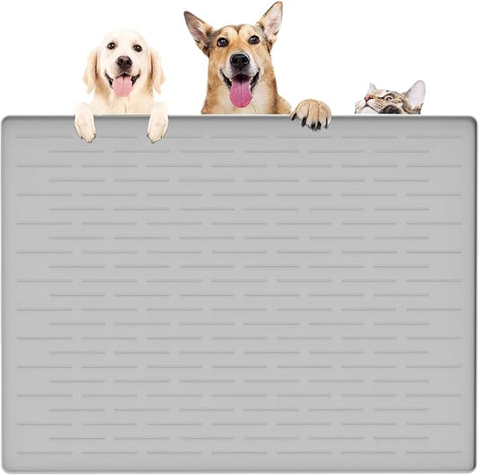 39.4"x29.5" Largest Pet Food Mat, Silicone Dog Mats for Food and Water, Nonslip Pet Feeding Mats for Floors,Dog Cat Bowl Mat with Raised Edges, Gray White-PurrikoPets