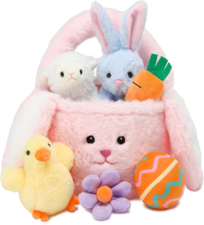7 Piece Plush Stuffed Animals Playset Toys with Rabbit, Chick, Lamb, Carrot, Egg, Flower, Furry Bag, Soft Basket Set Toys for Girls Kids Ages 3+, Birthday Christmas Valentines Easter Party Favors-PurrikoPets