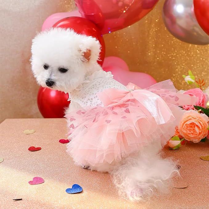 Dog Princess Dress with Heart Patterns & Bow Puppy Clothes for Small Dogs Girl Fancy Cat Birthday Outfit Pet Wedding Dresses(Pink White, Large)-PurrikoPets