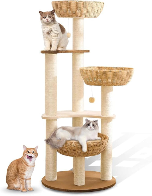 52" Modern Cat Tree Tower for Large Cats, 3Cat Nests Manual Hand Woven Multilevel Huge Paws Pals Cat Tree, Wood Cat Tower, Cat Scratching Tree, Cat Condo, Cat Lover Gift-PurrikoPets