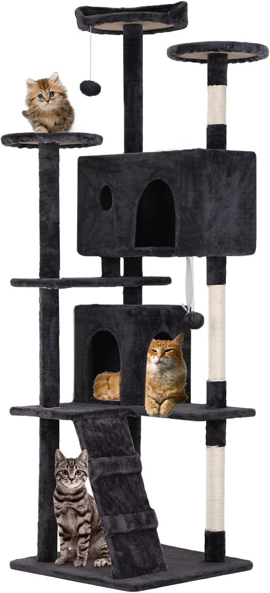 FDW Cat Tree 70in Cat Tower Multi-Level Durable Cat Scratching Post & Cozy Fun Cat Jumping Platform Space Saving Cat Condo Pet Play House for Indoor Cats,Dark Gray-PurrikoPets