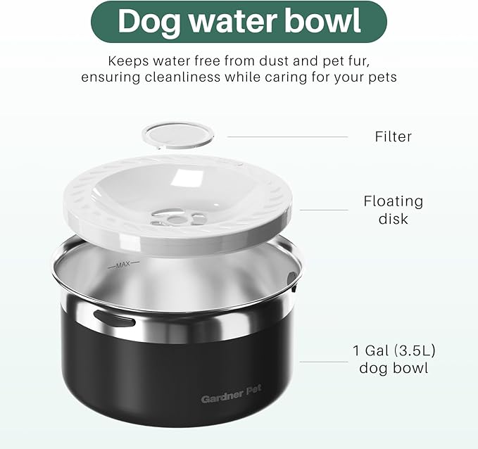 Gardner Pet Dog Bowls 1 Gallon (3.85L) Stainless Steel No Spill Dog Water Bowl, Slow Water Feeder Metal Bowls, Spill Proof Water Dispenser for Large Dogs, Promotes Healthy Hydration(Black)-PurrikoPets